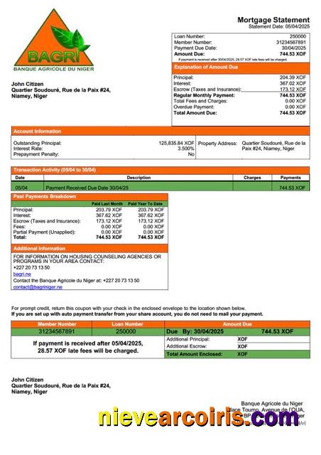 Niger Banque Agricole du Niger mortgage statement Word and PDF template